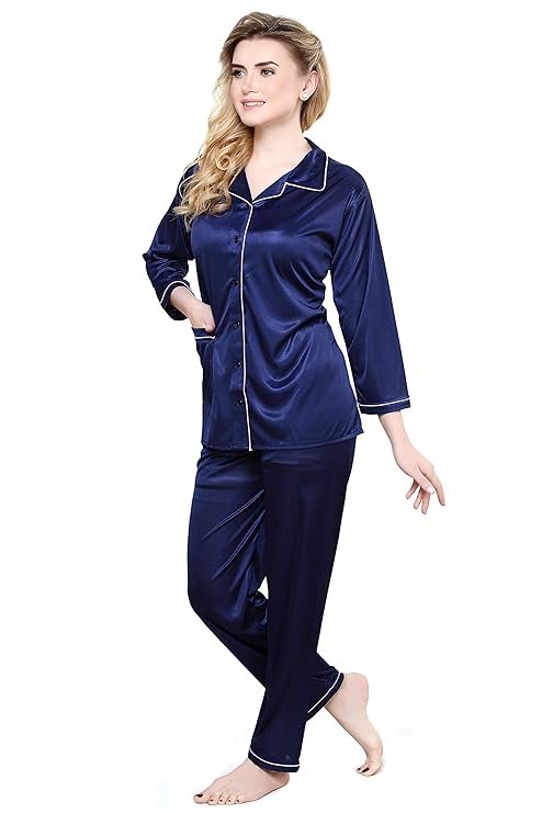 Tiya”s Women’s Satin Plain/Solid Top and Pyjama Set (Navy Blue)