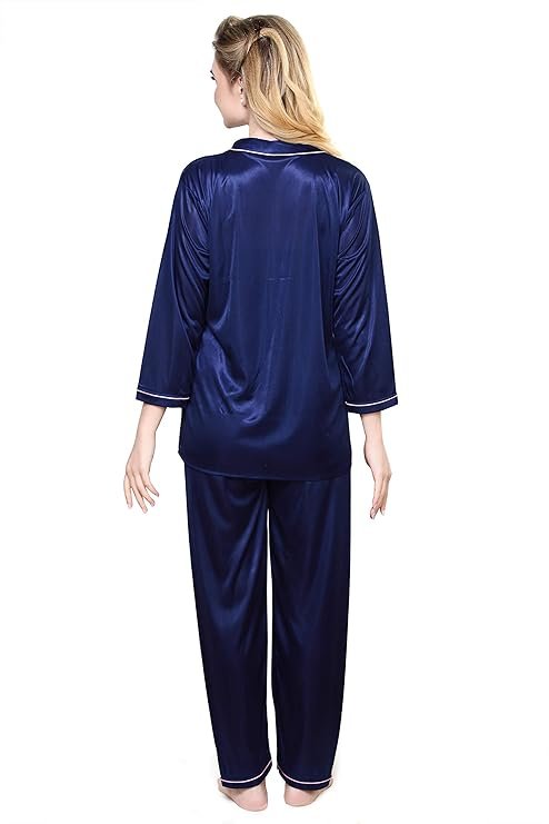 Tiya”s Women’s Satin Plain/Solid Top and Pyjama Set (Navy Blue)
