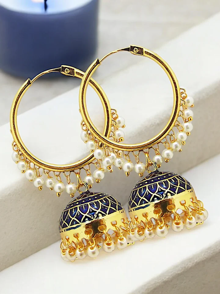 Navy Blue Pearl Jhumka Earrings