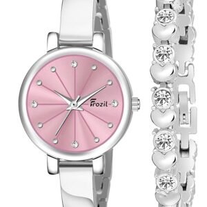 Analogue Pink Dial Silver Coloured Strap Women’s Watch with Cosmic Bracelet Combo for Girls
