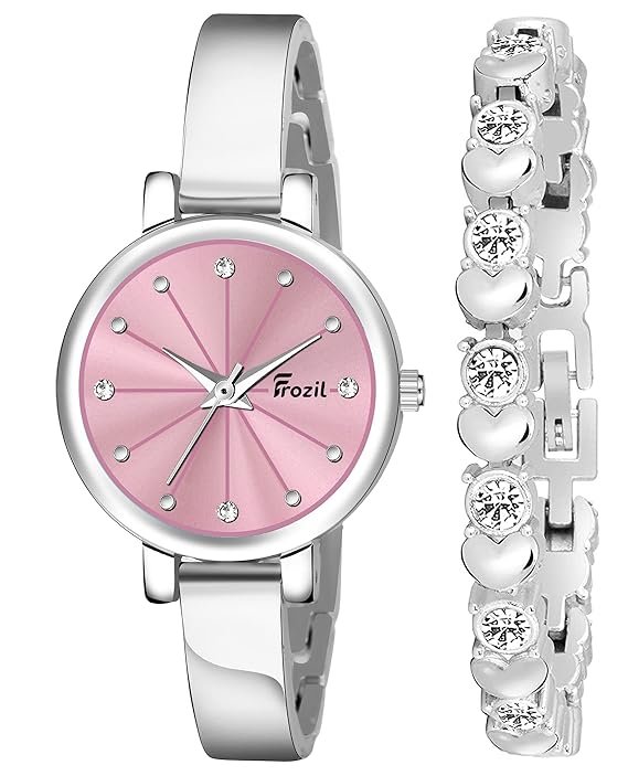 Analogue Pink Dial Silver Coloured Strap Women’s Watch with Cosmic Bracelet Combo for Girls
