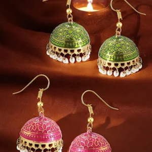 Tiya”s Pink & Green Jhumka Earrings