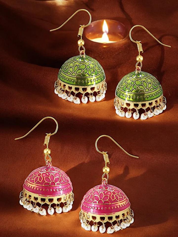 Tiya"s Pink & Green Jhumka Earrings