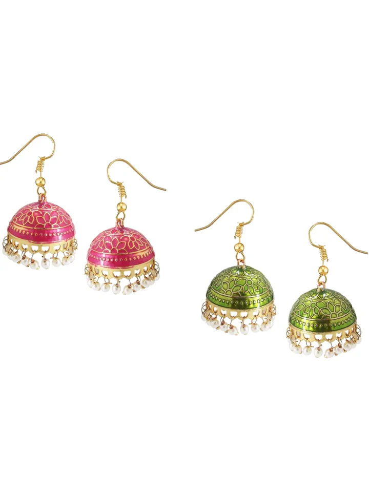 Tiya"s Pink & Green Jhumka Earrings
