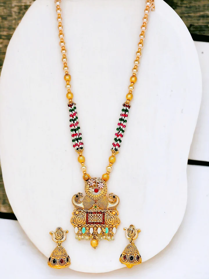 Tiya"s Rajwadi Gold Plated Peacock Pearl Long Necklace Set