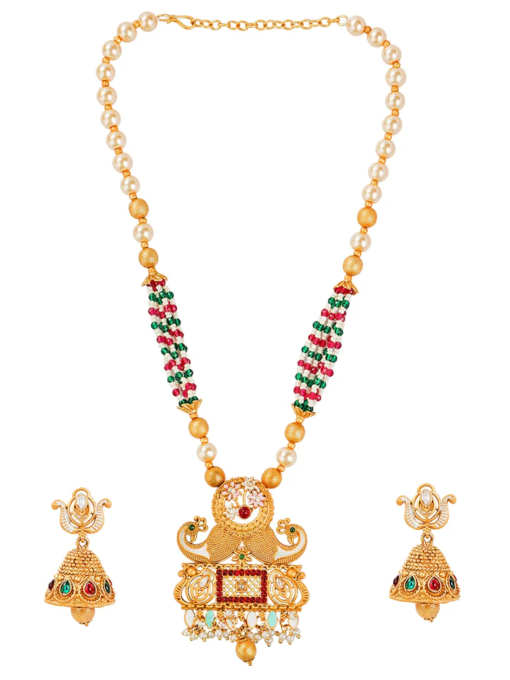 Tiya"s Rajwadi Gold Plated Peacock Pearl Long Necklace Set
