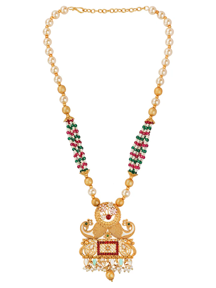Tiya"s Rajwadi Gold Plated Peacock Pearl Long Necklace Set