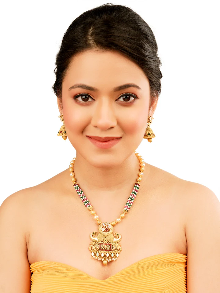 Tiya"s Rajwadi Gold Plated Peacock Pearl Long Necklace Set