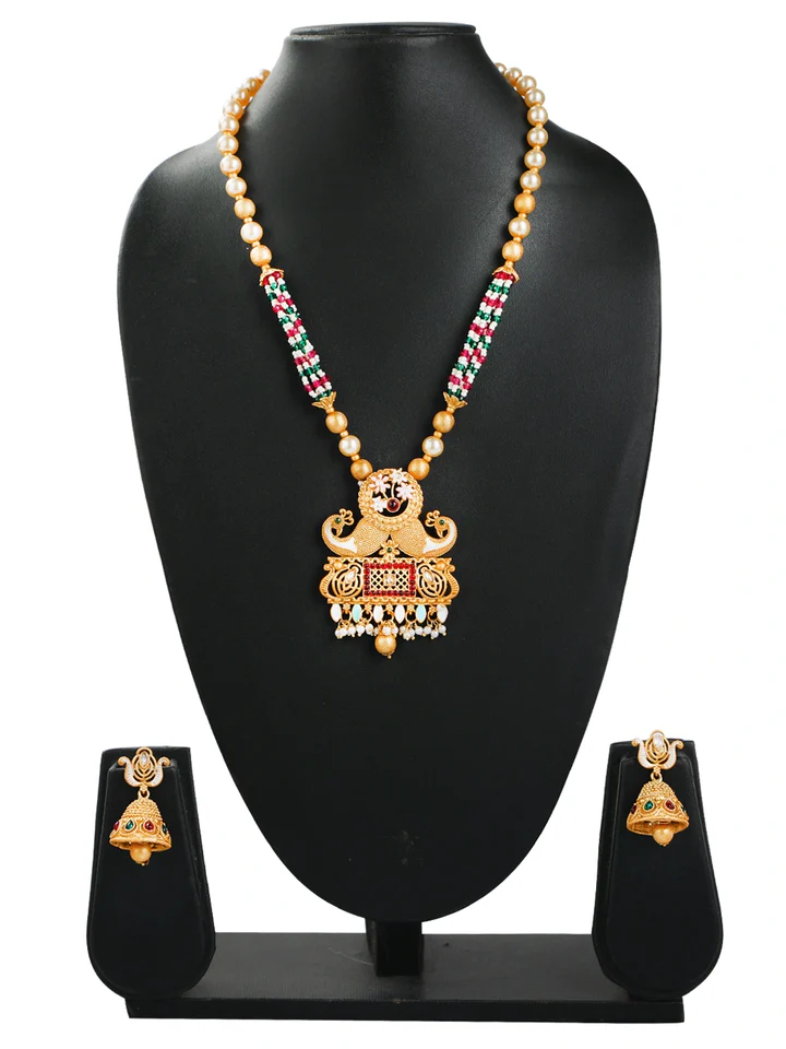 Tiya"s Rajwadi Gold Plated Peacock Pearl Long Necklace Set