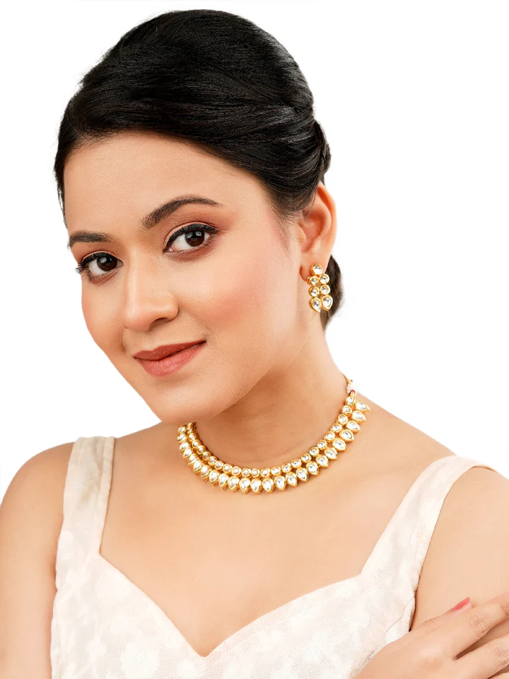 Tiya"s Gold plated Double Line Kundan Necklace Set