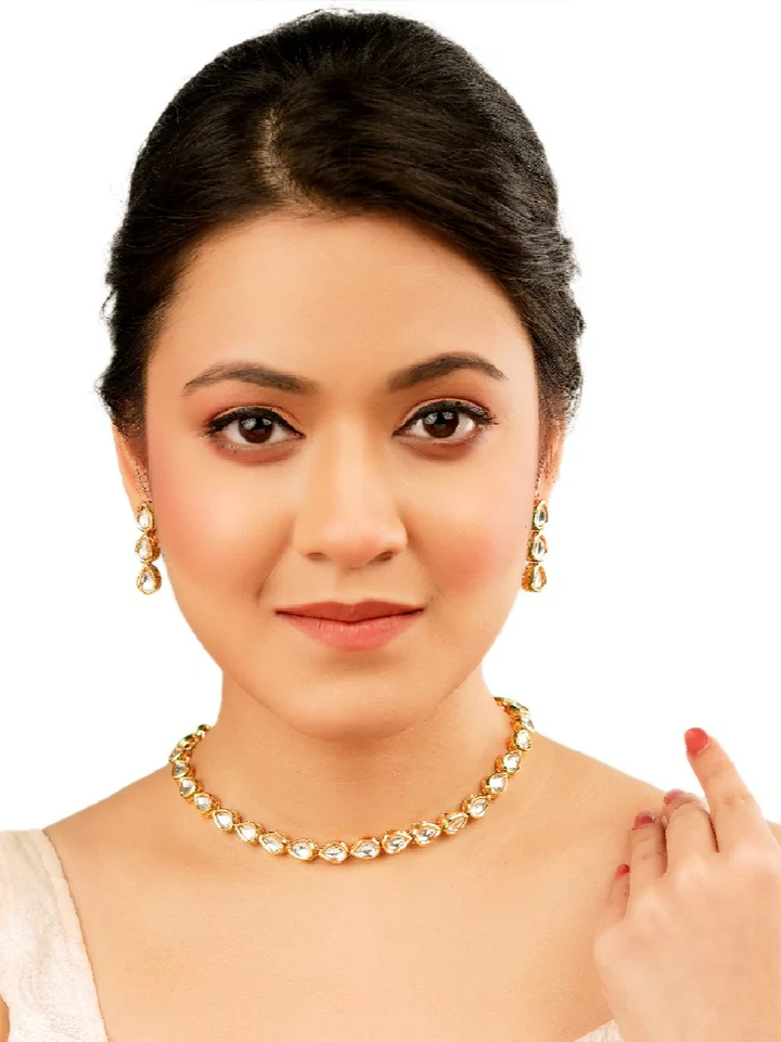 Tiya"s Gold Plated Tear Drop Kundan Necklace Set