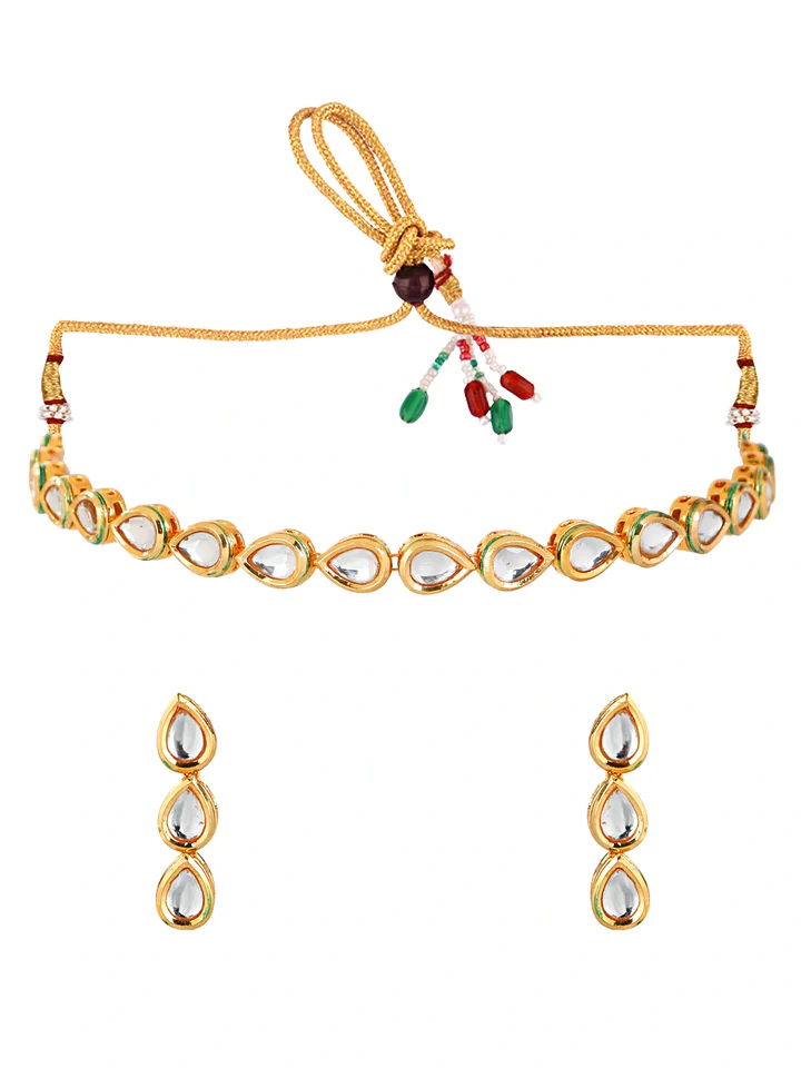 Tiya"s Gold Plated Tear Drop Kundan Necklace Set