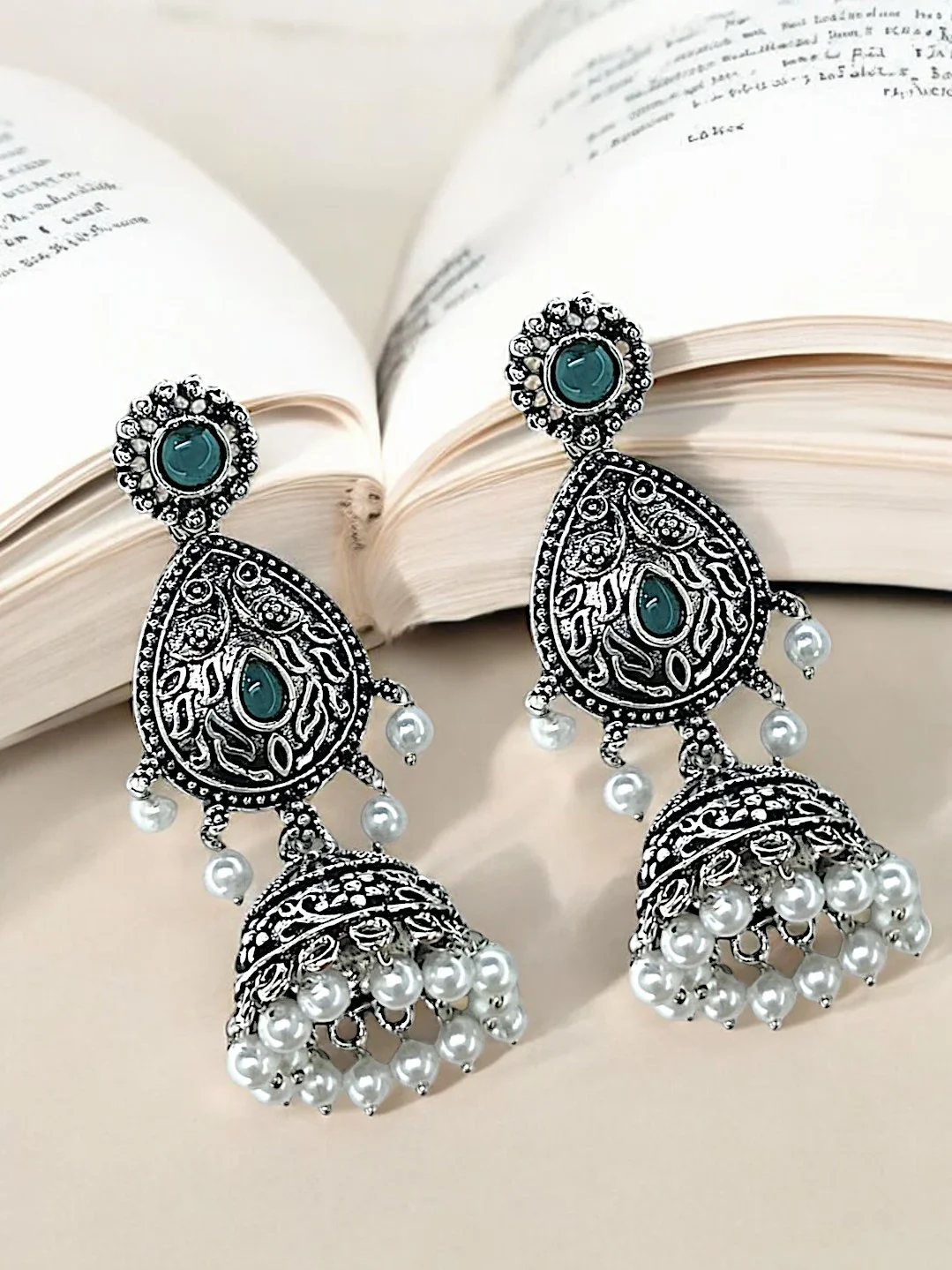 Tiya"sSilver Oxidized Drop Earrings