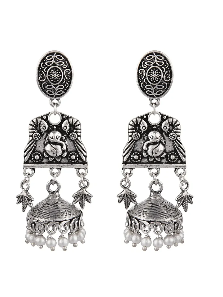 Tiya"S Silver Oxidised Pearl Earrings