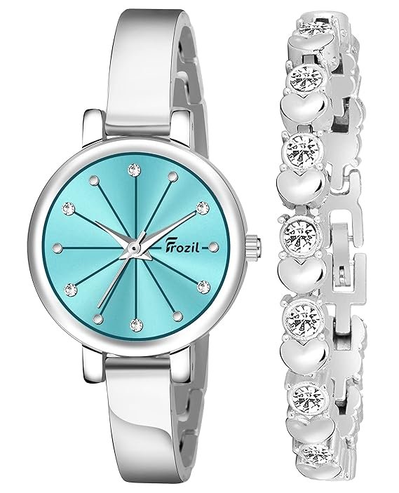 Analogue Sky Blue Dial Silver Coloured Strap Women’s Watch with Cosmic Bracelet Combo for Girls