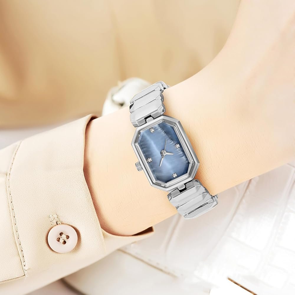 Tiya”s Octagon Cut Silver Blue Bracelet Watch for Women