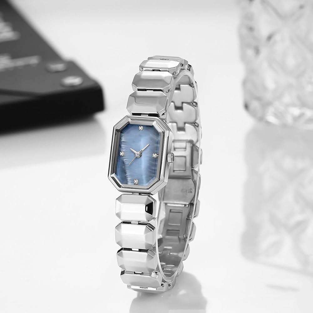 Tiya”s Octagon Cut Silver Blue Bracelet Watch for Women