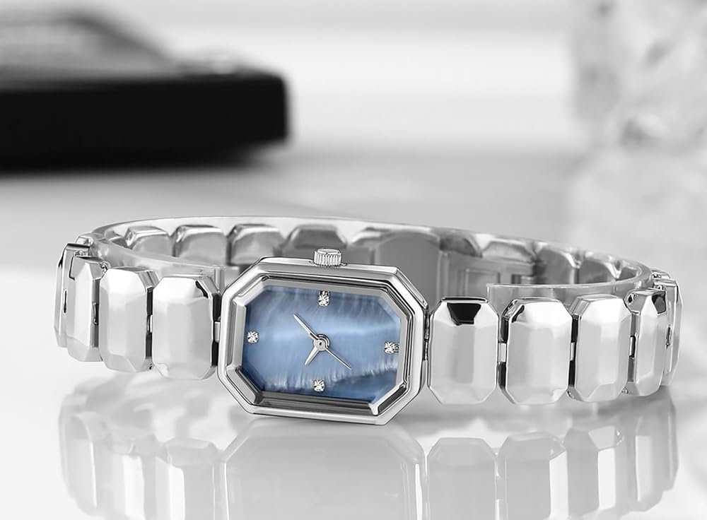Tiya”s Octagon Cut Silver Blue Bracelet Watch for Women