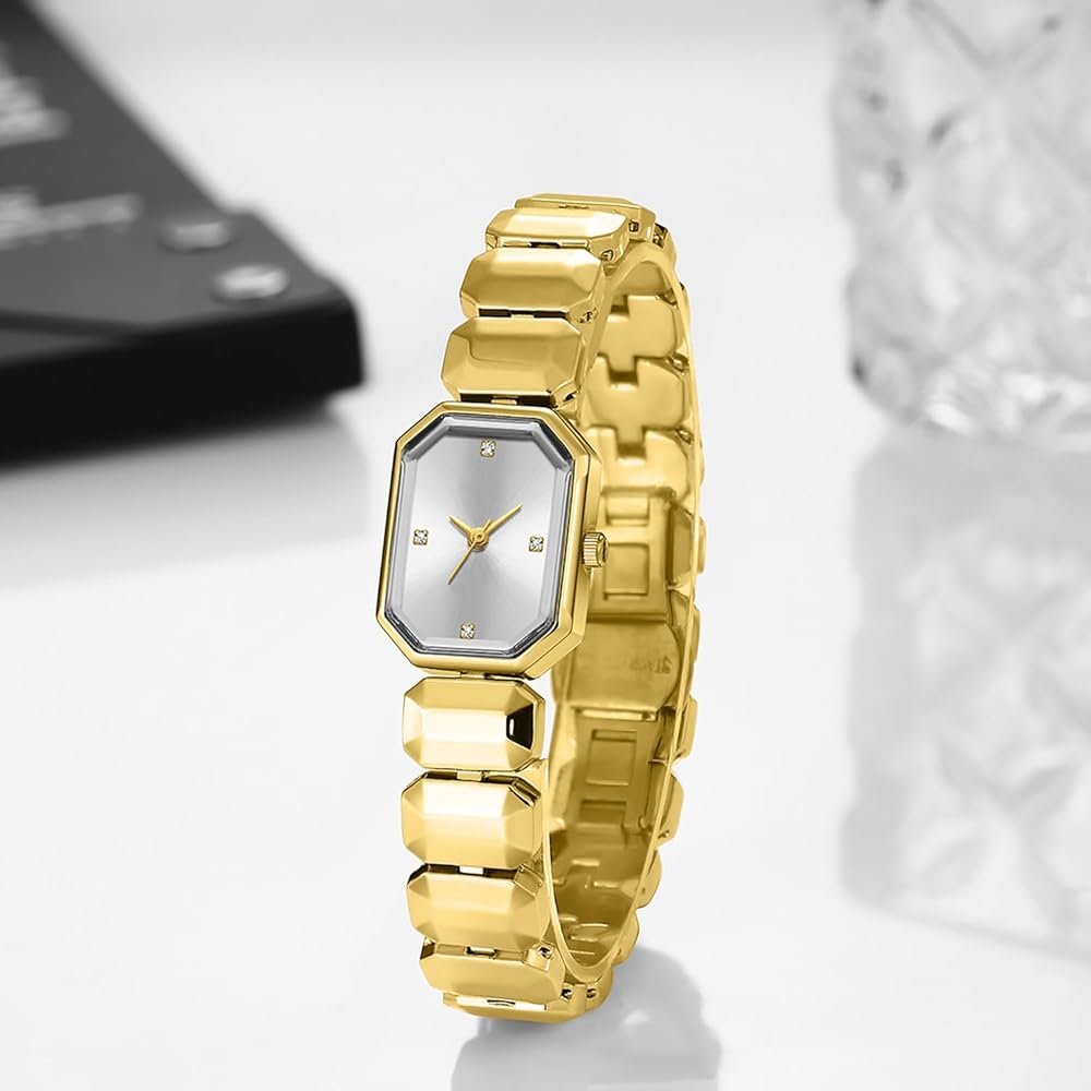 Tiya”s Octagon Cut Gold White Bracelet Watch for Women