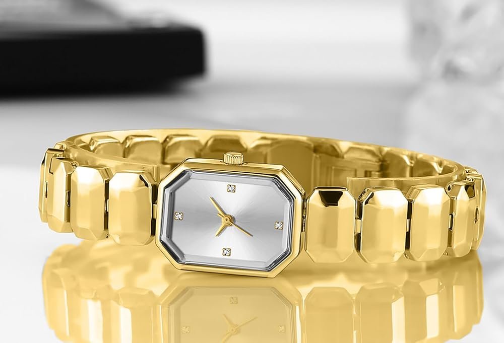 Tiya”s Octagon Cut Gold White Bracelet Watch for Women