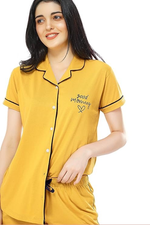 Tiya"s Women's Half Sleev Cotton Solid Plain Night Suit Set of Shirt & Pajamas(Yellow)