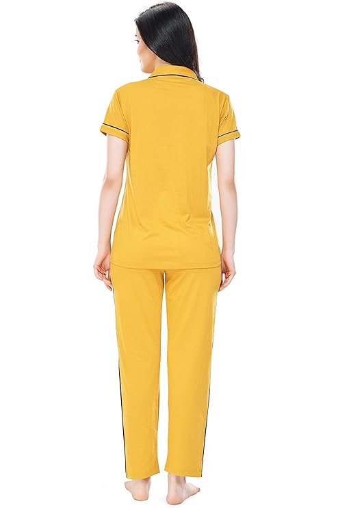 Tiya"s Women's Half Sleev Cotton Solid Plain Night Suit Set of Shirt & Pajamas(Yellow)