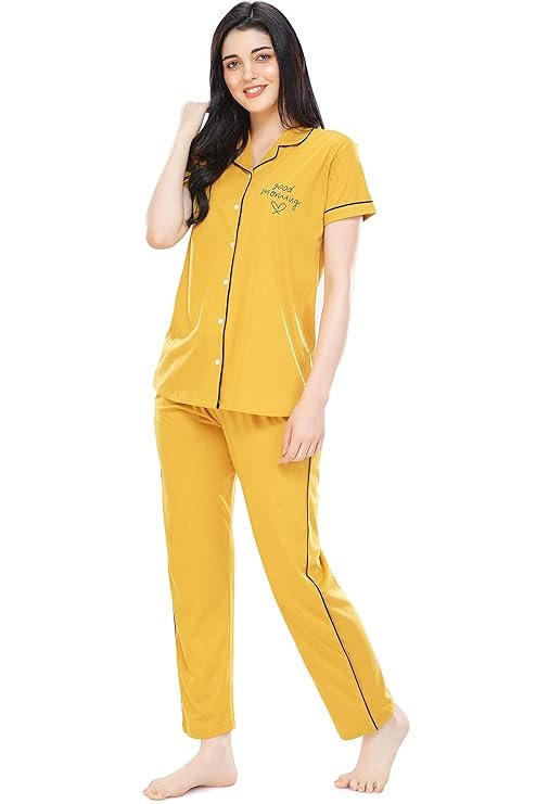 Tiya"s Women's Half Sleev Cotton Solid Plain Night Suit Set of Shirt & Pajamas(Yellow)