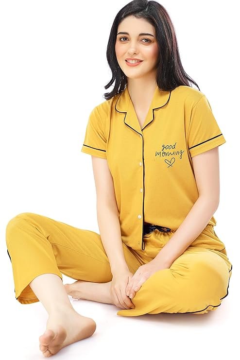Tiya"s Women's Half Sleev Cotton Solid Plain Night Suit Set of Shirt & Pajamas(Yellow)